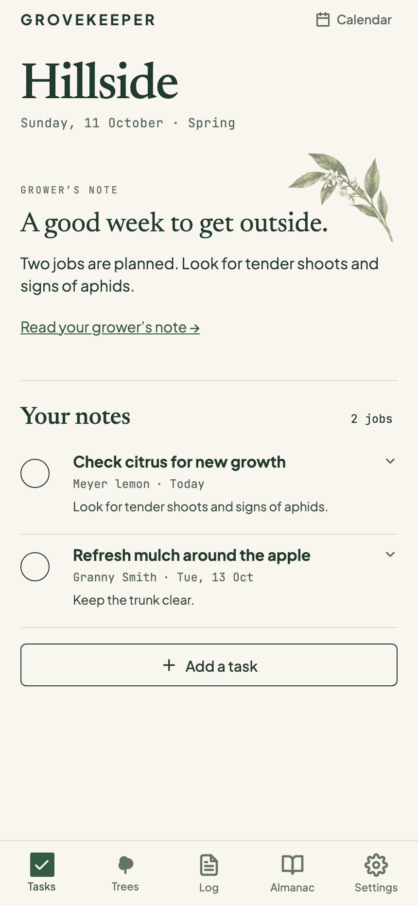 The Grovekeeper app showing an illustrative Hillside garden, its grower’s note and two garden jobs.