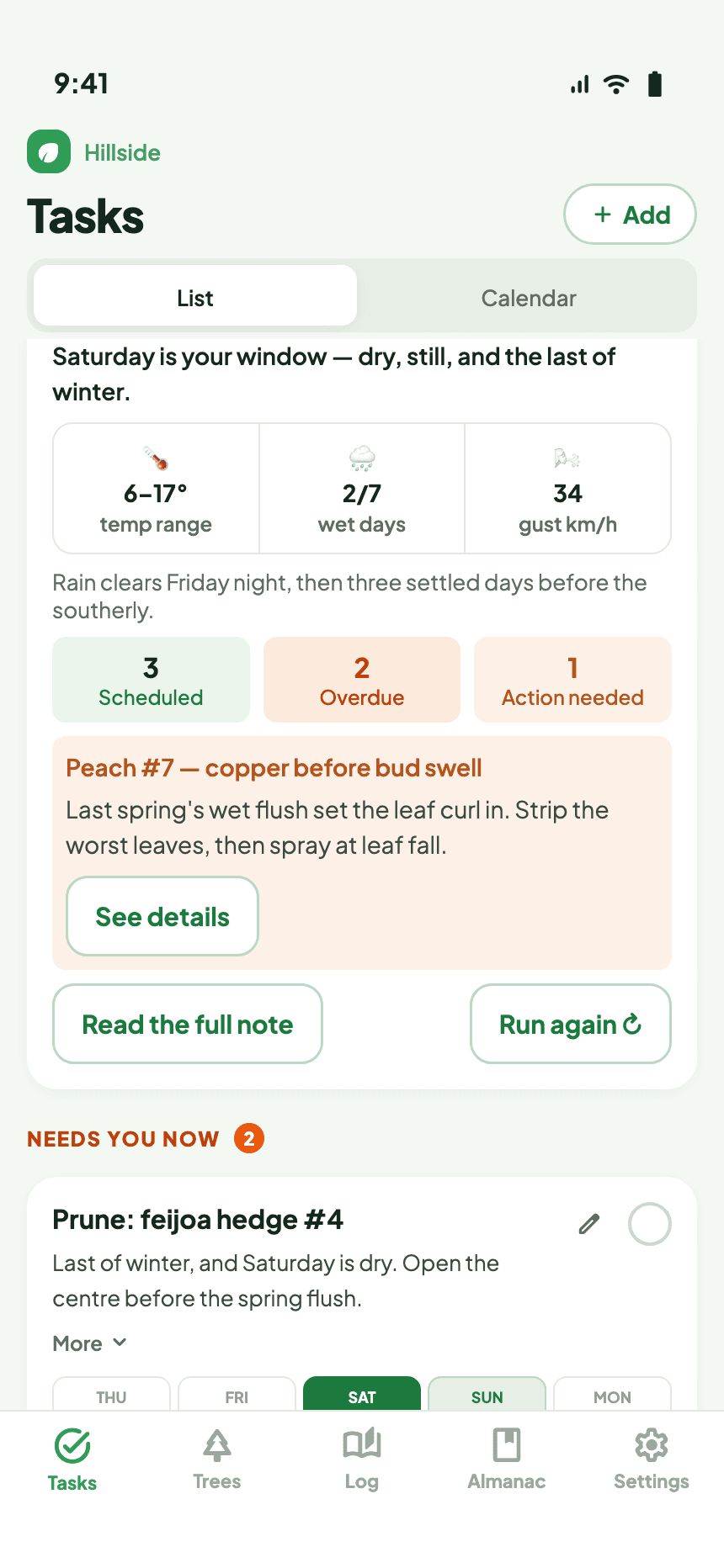 The Grovekeeper app showing this week's plan: a dry, still Saturday, three jobs scheduled and one that needs you, plus a copper spray flagged for Peach #7 before bud swell.