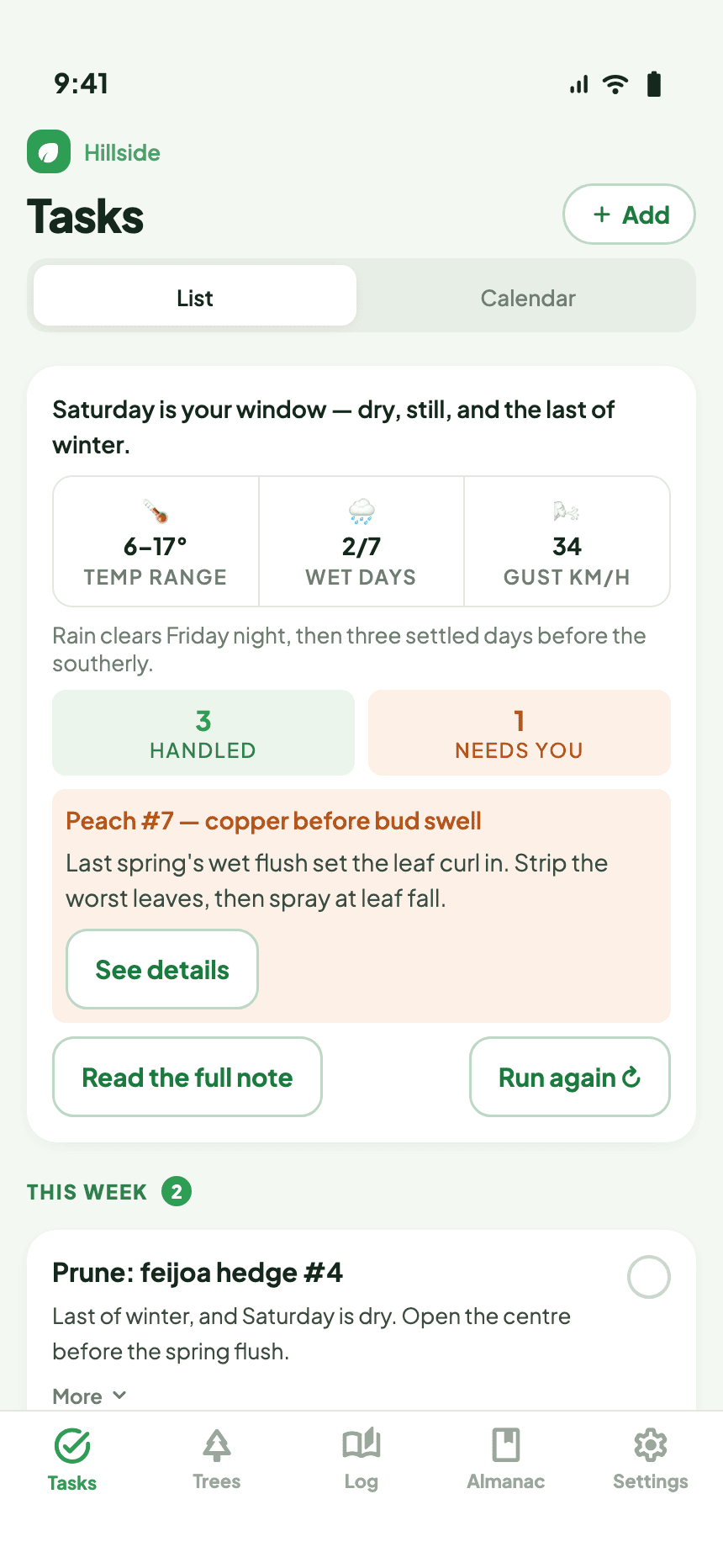 The Grovekeeper app showing this week's plan: a dry, still Saturday, three jobs handled and one that needs you, plus a copper spray flagged for Peach #7 before bud swell.